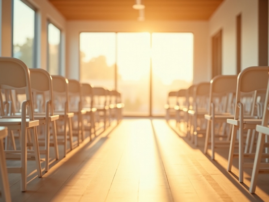Folding chairs being set out in an empty hall, golden morning light