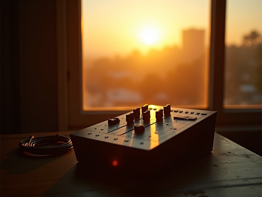 A sound desk by a window at sunset with a coiled cable beside it
